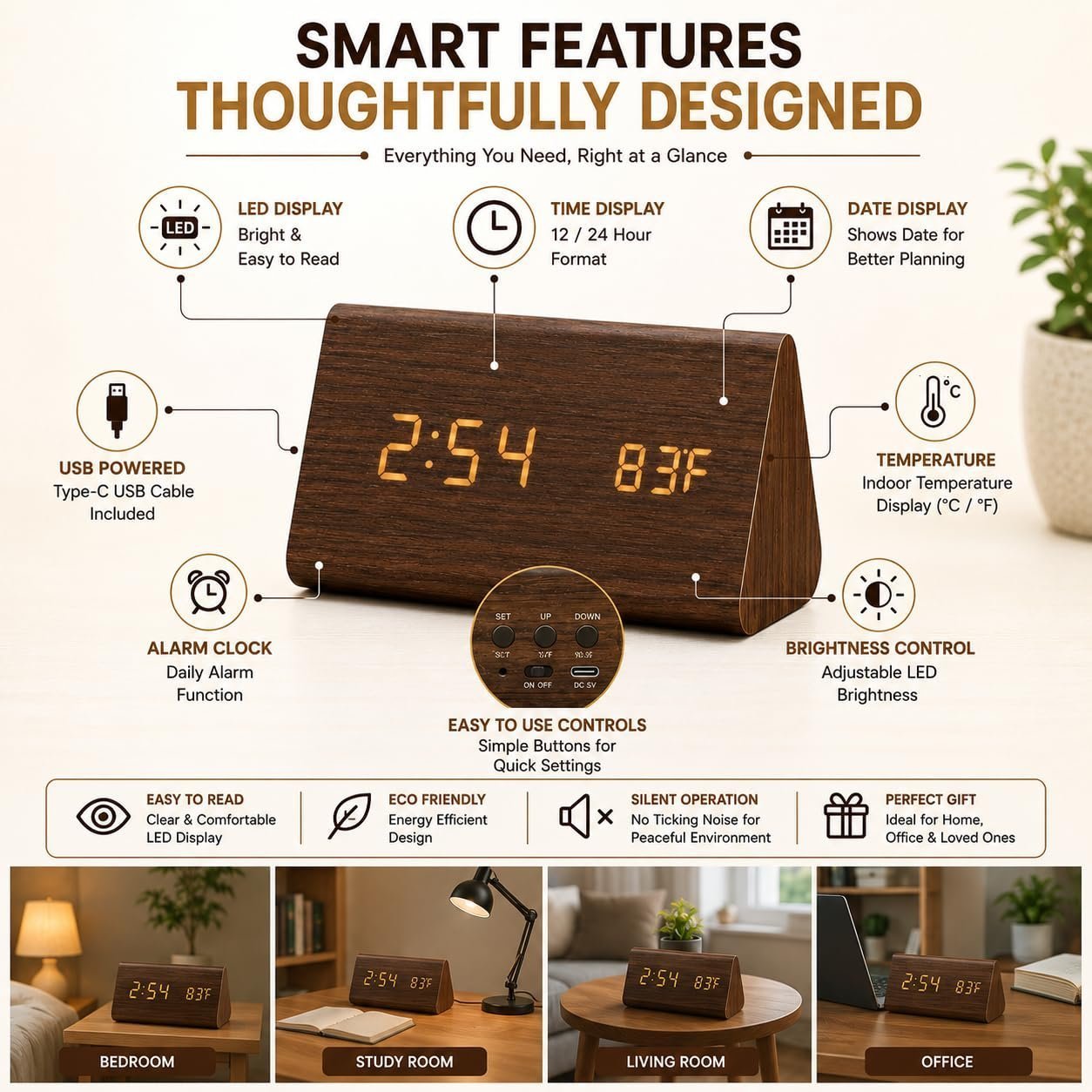 Triangle Digital Alarm Clock with Wooden LED Display, 3 Alarm Settings, Time Date & Temperature, Electronic Bedside Clock for Bedroom, Office & Desk, Brown - Image 3