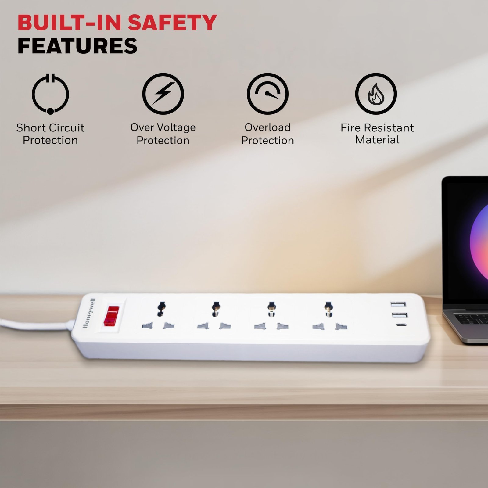 4 Outlet Extension Board with Master Switch, 6 Amps, 250V, 1xType C & 2xUSB, 4 International Sockets, Pure Copper, 6 Advanced Safety Features, 2 Mtr Power Cord, BIS Certified, 1 yr Warranty - Image 5