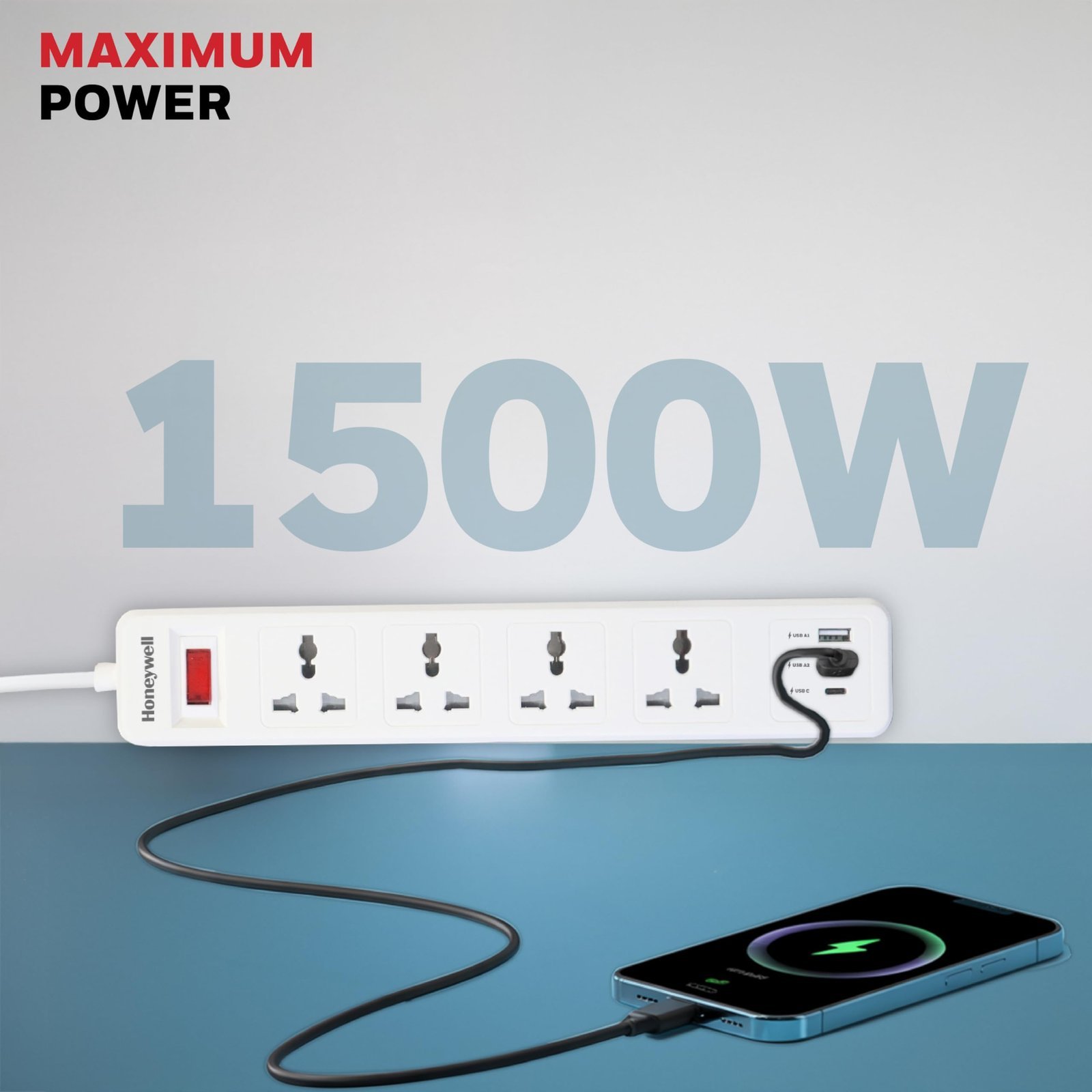 4 Outlet Extension Board with Master Switch, 6 Amps, 250V, 1xType C & 2xUSB, 4 International Sockets, Pure Copper, 6 Advanced Safety Features, 2 Mtr Power Cord, BIS Certified, 1 yr Warranty - Image 3