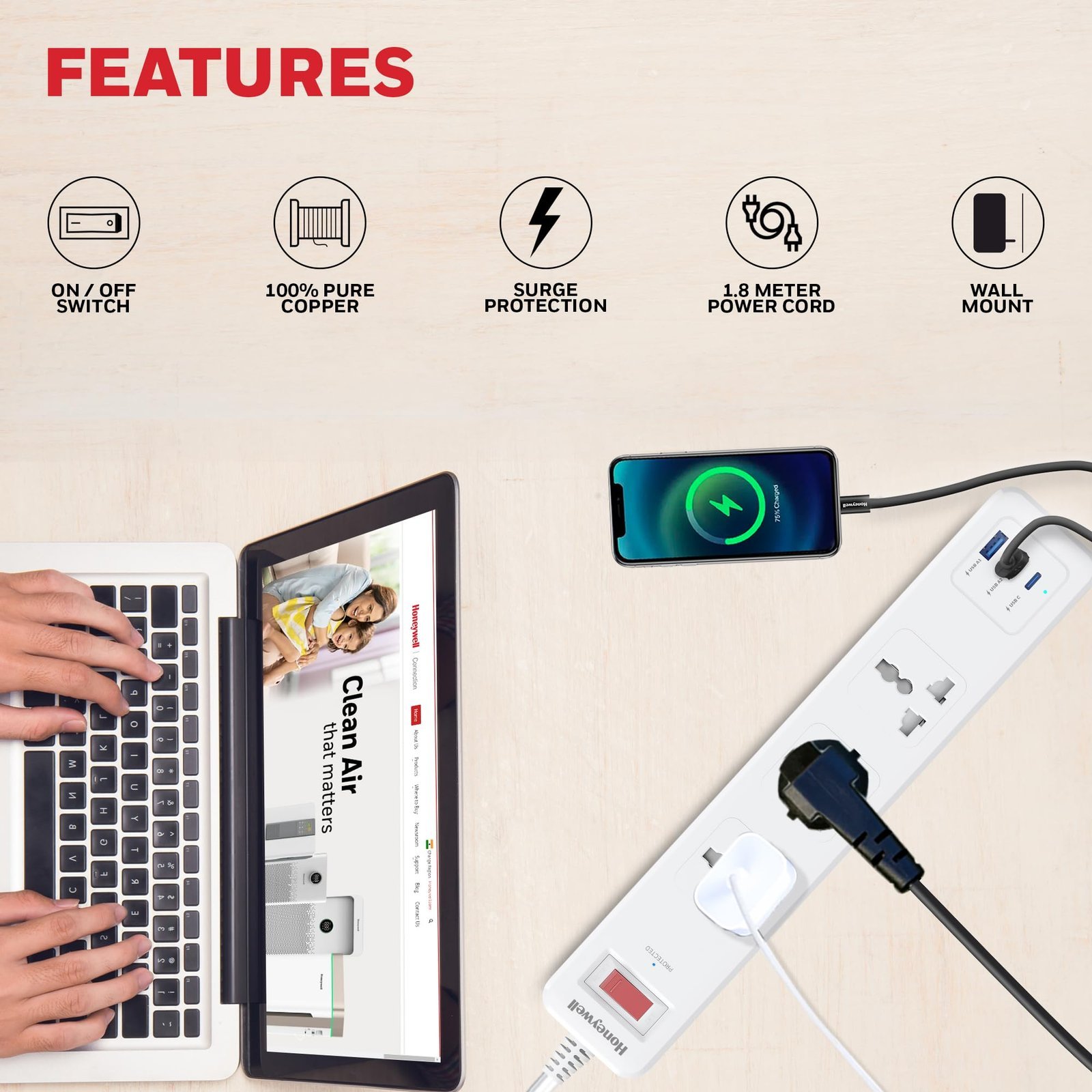 3 Out Surge Protector with Master Switch, Spike Guard/Extension Board, 3 Outlet, PD20W & 2xUSB, 13500Amp, 1.8 Meter Cord, DSW, Automatic Overload Protection, 3 Years Manufacturer Warranty - Image 7