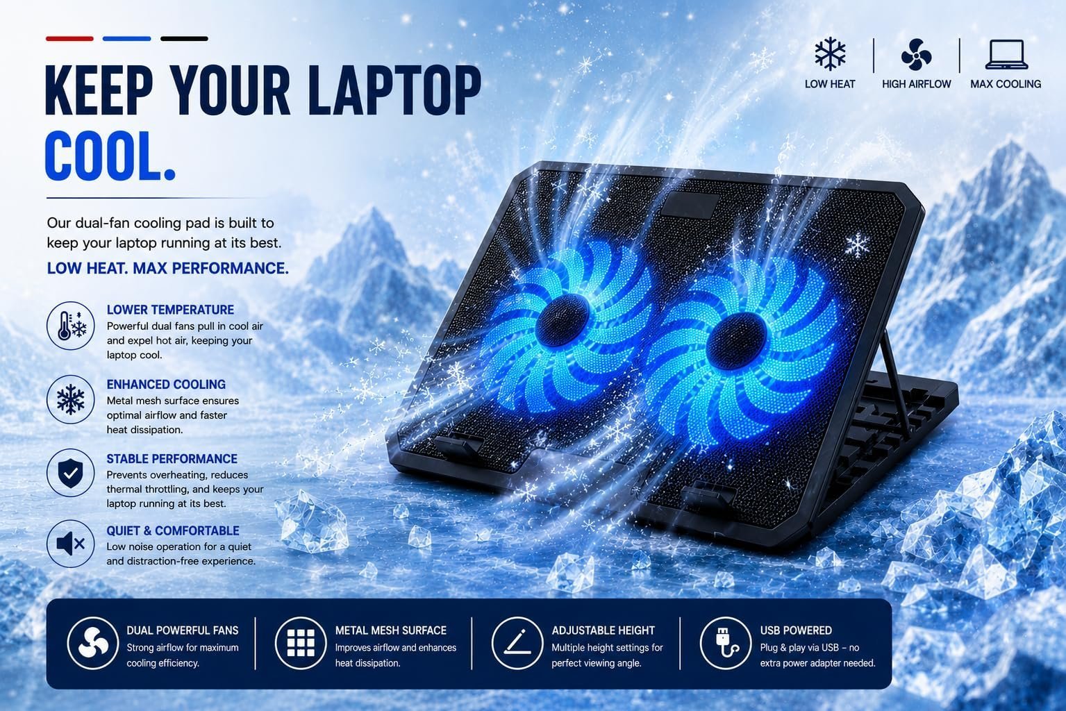 Laptop Cooling Pad with Dual Fan | Blue LED - Image 2