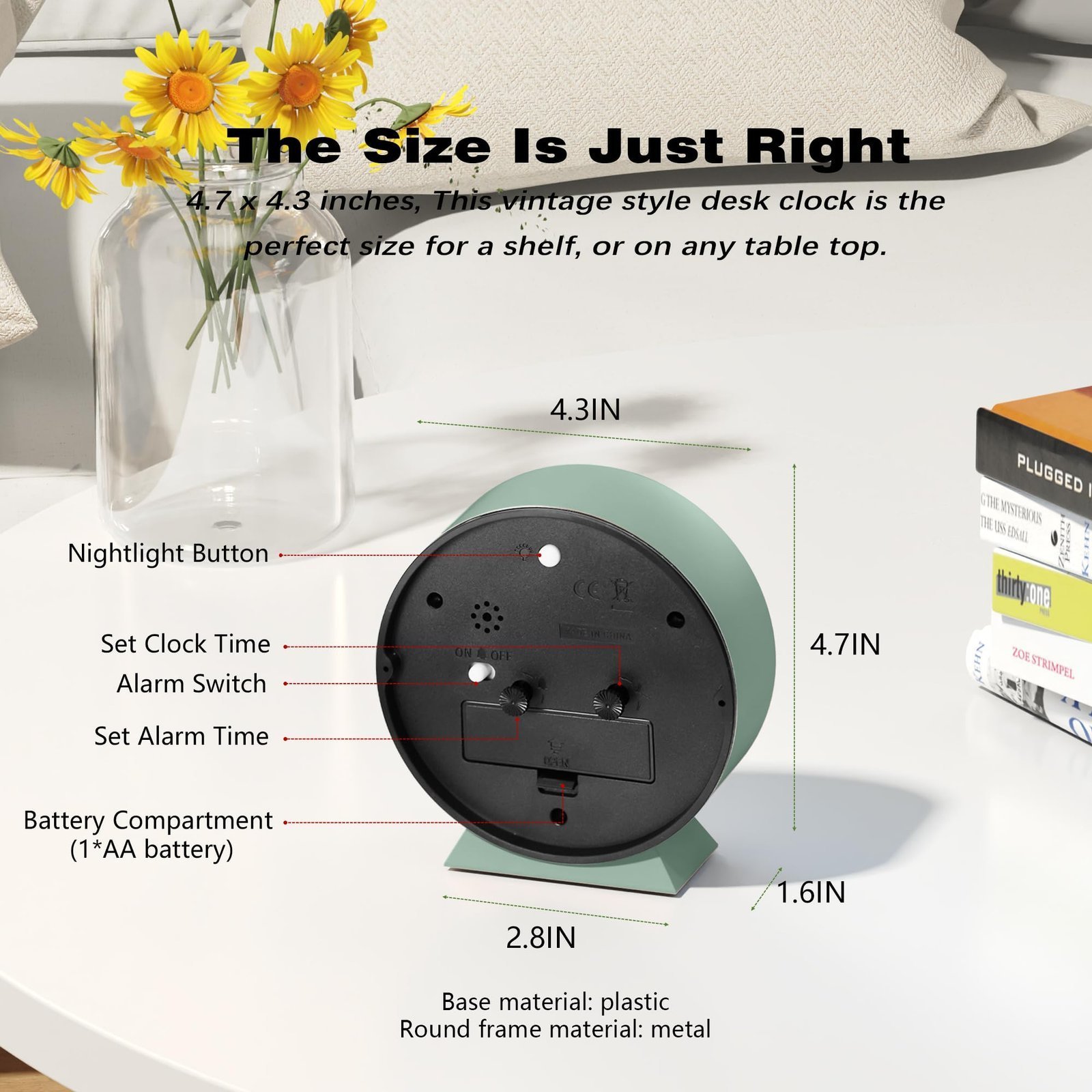 ® 4.5" Analog Alarm Clock, Metal Desk Table Clock with Light, Green - Image 7