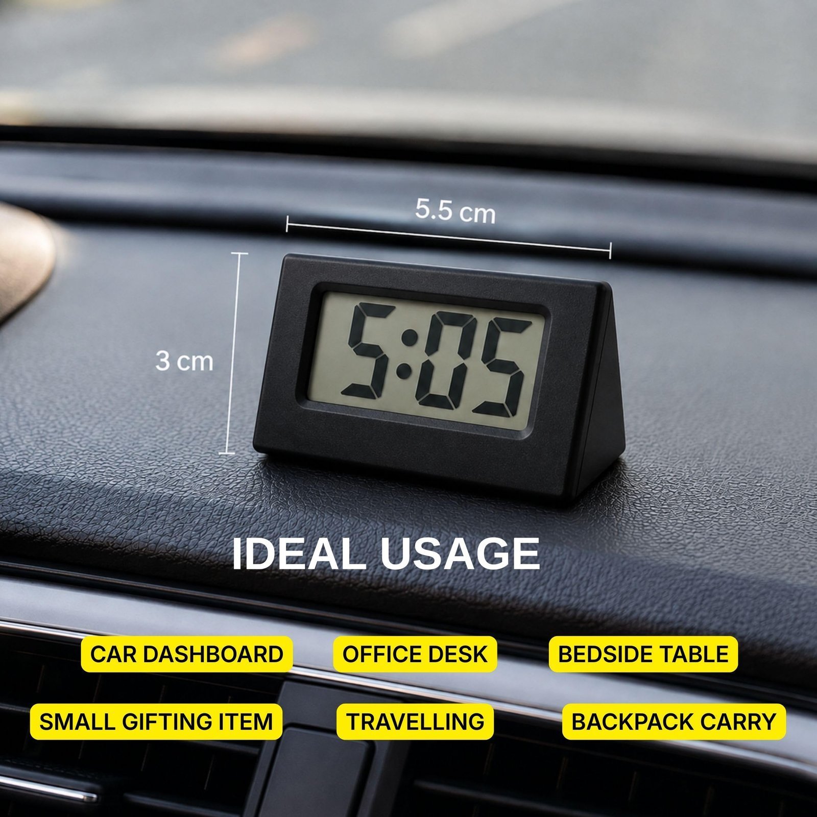 Compact Mini Digital Clock for Car Dashboard & Desk Portable LCD Timepiece for for Car Interior, Bedside Table, Office Desk & Travel (Black) - Image 5