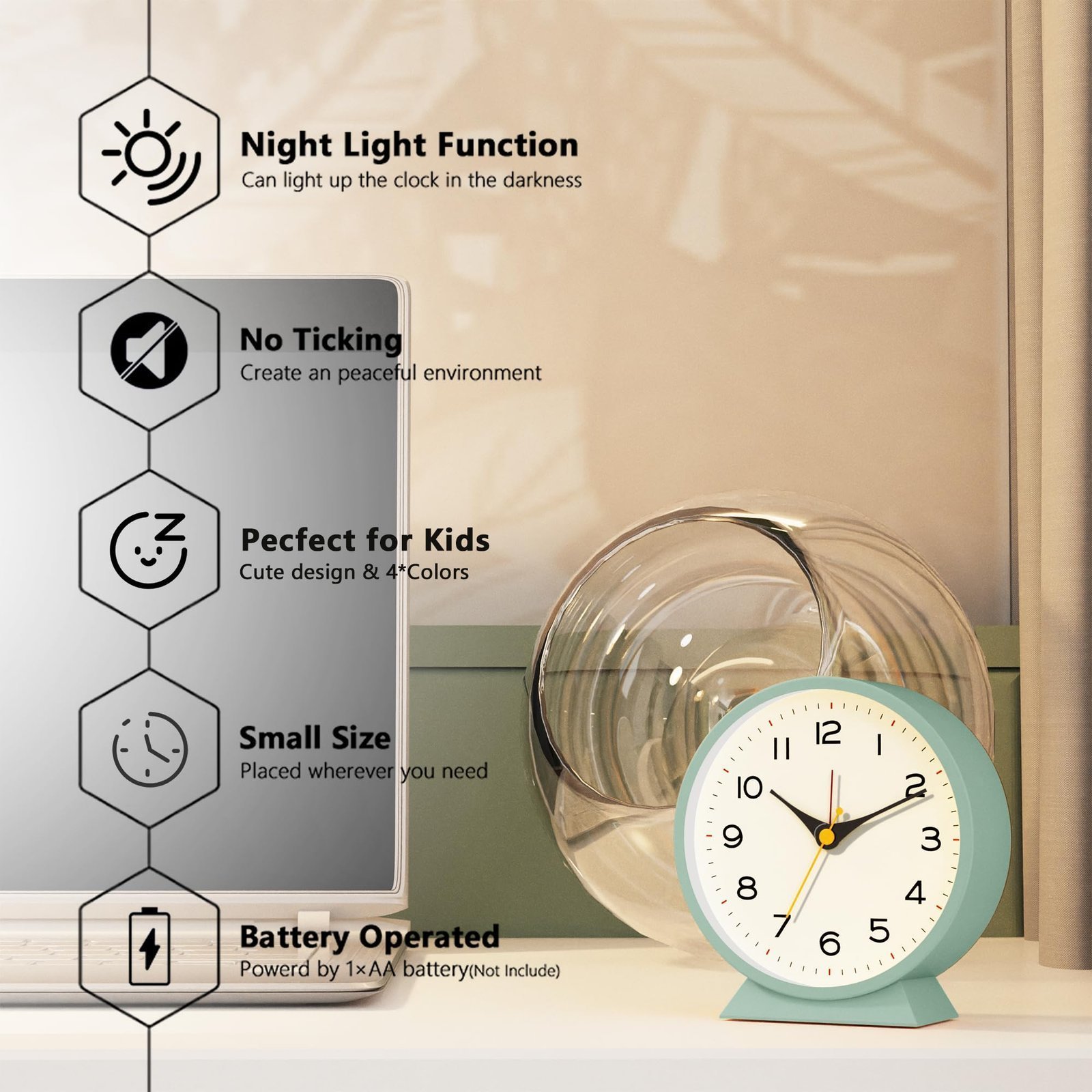 ® 4.5" Analog Alarm Clock, Metal Desk Table Clock with Light, Green - Image 2