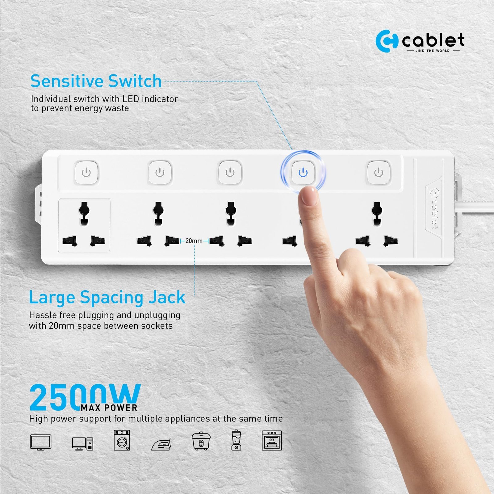 Extension Board 2500W 10A | 5 Universal Multi Plug Socket with Individual Switches | 4.5 Meter Heavy Duty Cord | LED Indicator, Power Strip & Spike Guard for Home & Office Use - Image 2