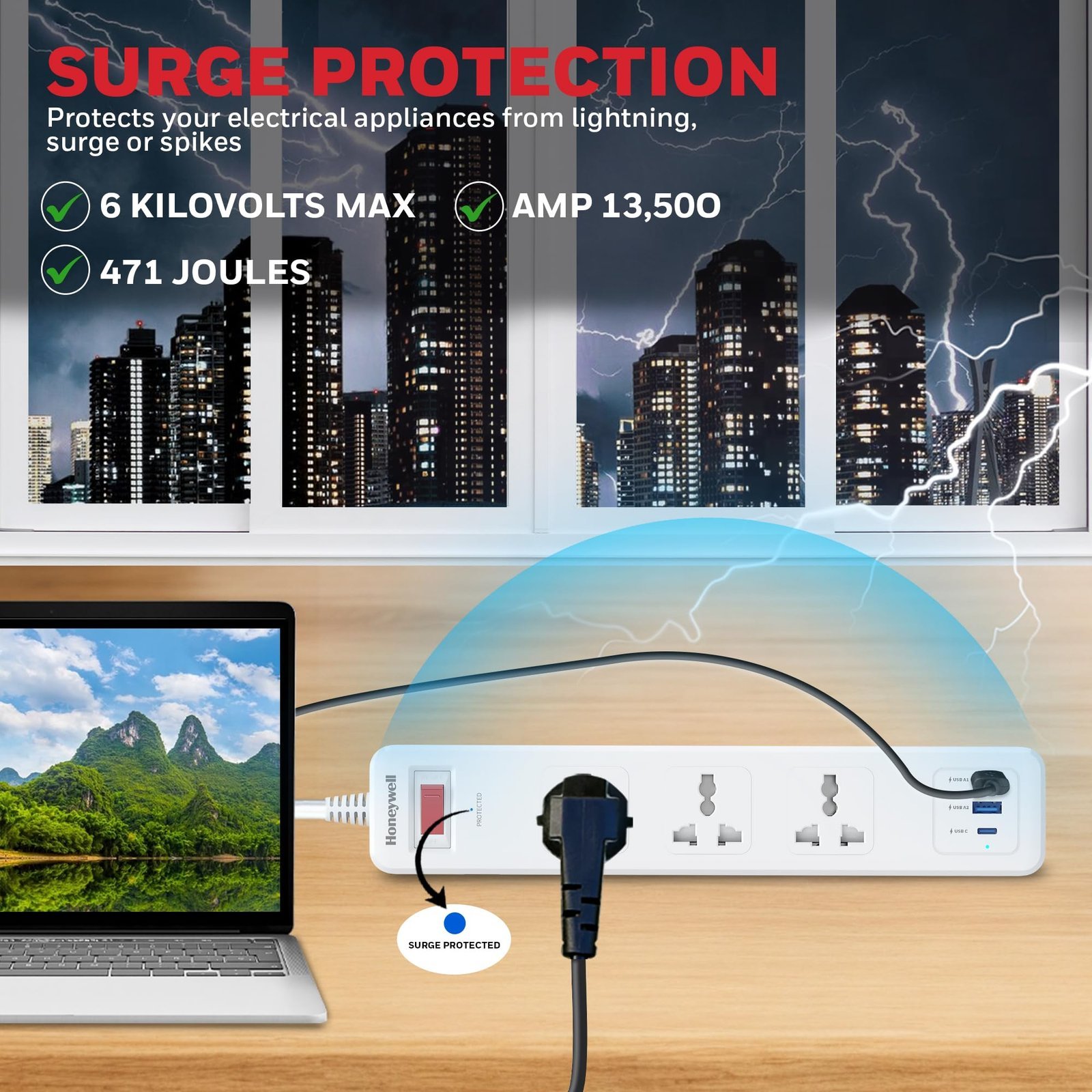 3 Out Surge Protector with Master Switch, Spike Guard/Extension Board, 3 Outlet, PD20W & 2xUSB, 13500Amp, 1.8 Meter Cord, DSW, Automatic Overload Protection, 3 Years Manufacturer Warranty - Image 2