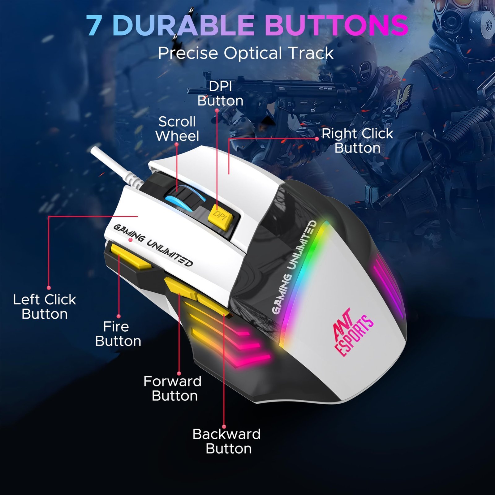 GM100 V2 Optical Gaming Mouse,7 Button Wired USB Mouse, 4000 FPS Sensor, 3600 DPI, RGB Lighting,1.5m PVC Cable, Ergonomic Design, for Windows PC, Laptop,Gaming & Office Use- Black & White - Image 3