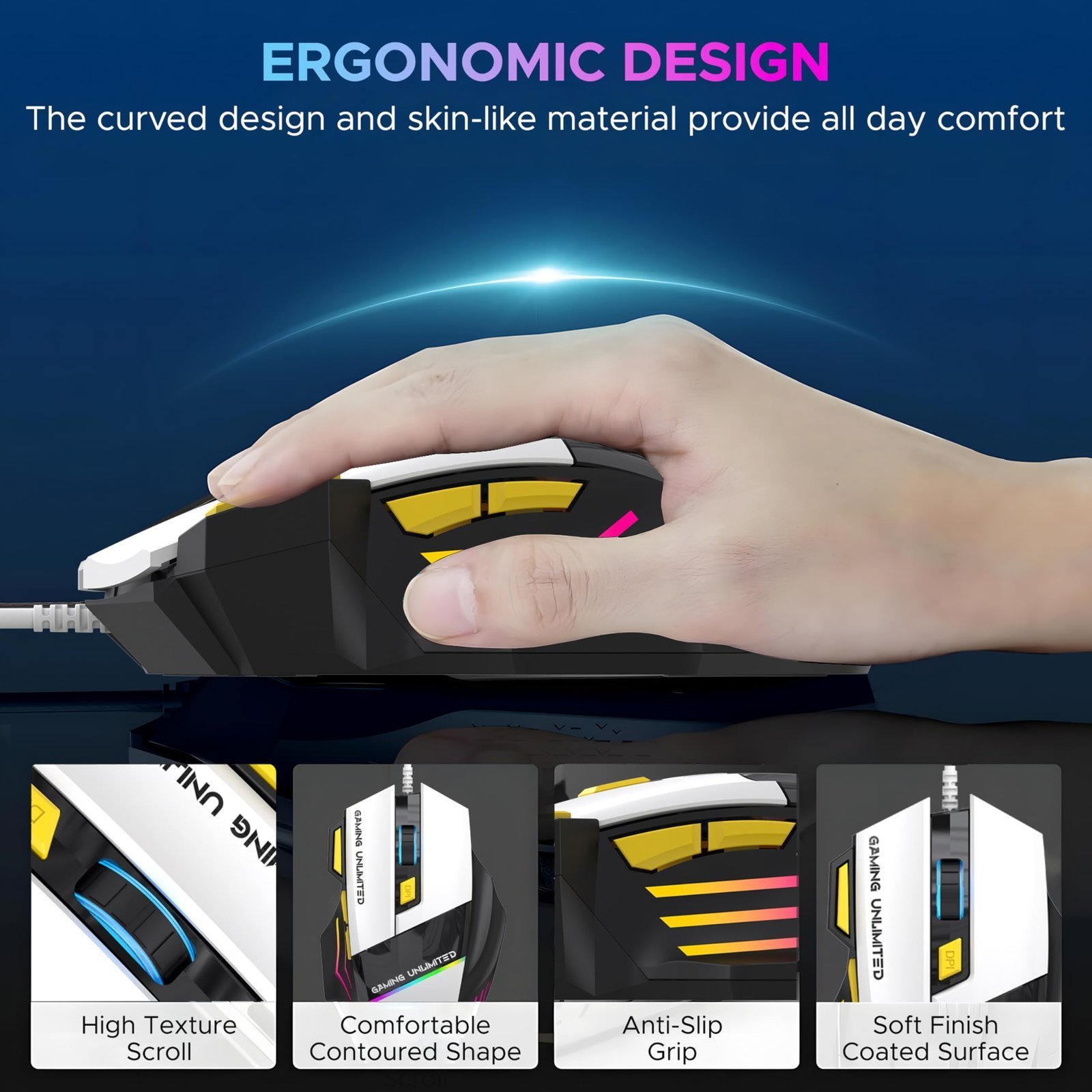 GM100 V2 Optical Gaming Mouse,7 Button Wired USB Mouse, 4000 FPS Sensor, 3600 DPI, RGB Lighting,1.5m PVC Cable, Ergonomic Design, for Windows PC, Laptop,Gaming & Office Use- Black & White - Image 2