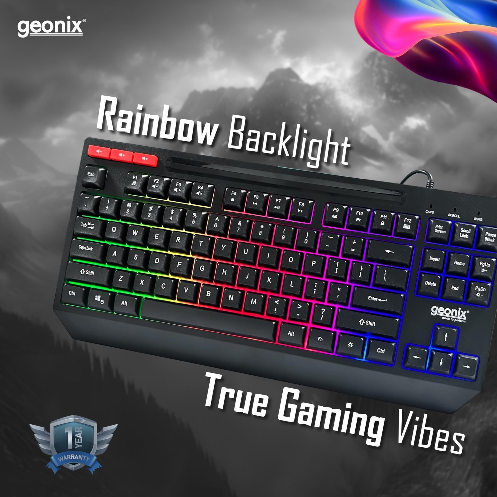Cruiser K2 Multi Function Gaming Keyboard with 90 Keys Including 3 Dedicated Multimedia Keys, Rainbow Backlight, Spill Resistant, PVC Cable, Durable Body (Black) - Image 2