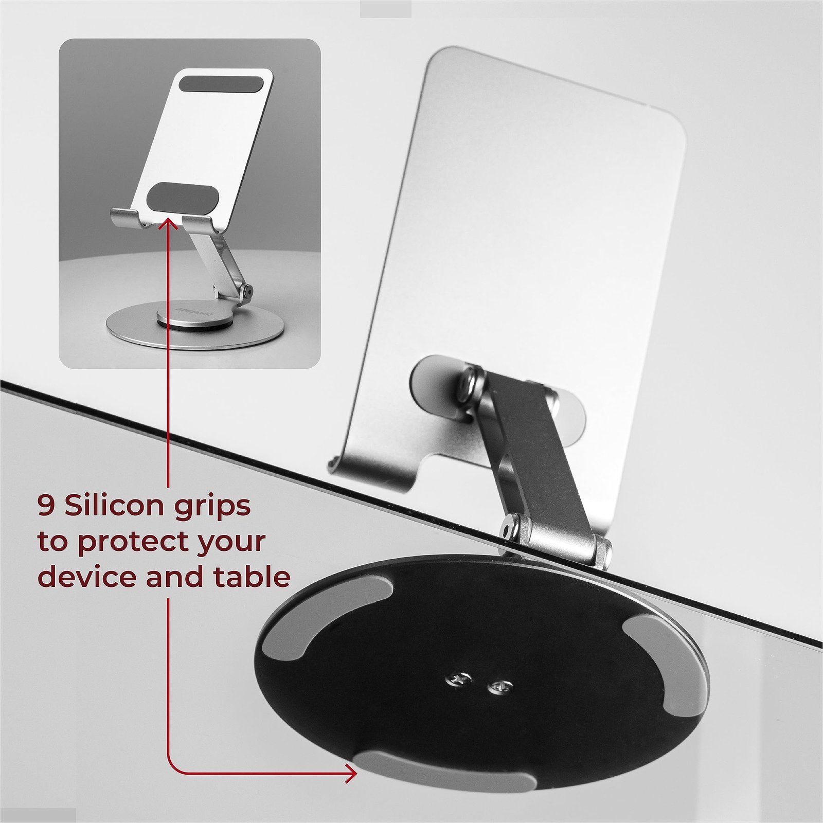 ® Aluminum 360 Rotatable Phone/Tablet Stand (Under 10inch) - MVPmini | Adjustable, Sturdy, and Versatile | Universal Compatibility | Hands-Free Viewing (Metallic Silver) - Image 2