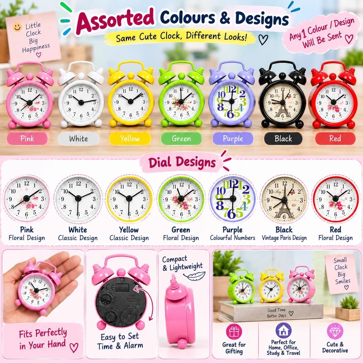 Mini Alarm Clock for Home Office Study Table | Assorted Colour Twin Bell Quartz Clock with Alarm Function | Compact Bedside Desk Clock | Any 1 Colour/Design - Image 4